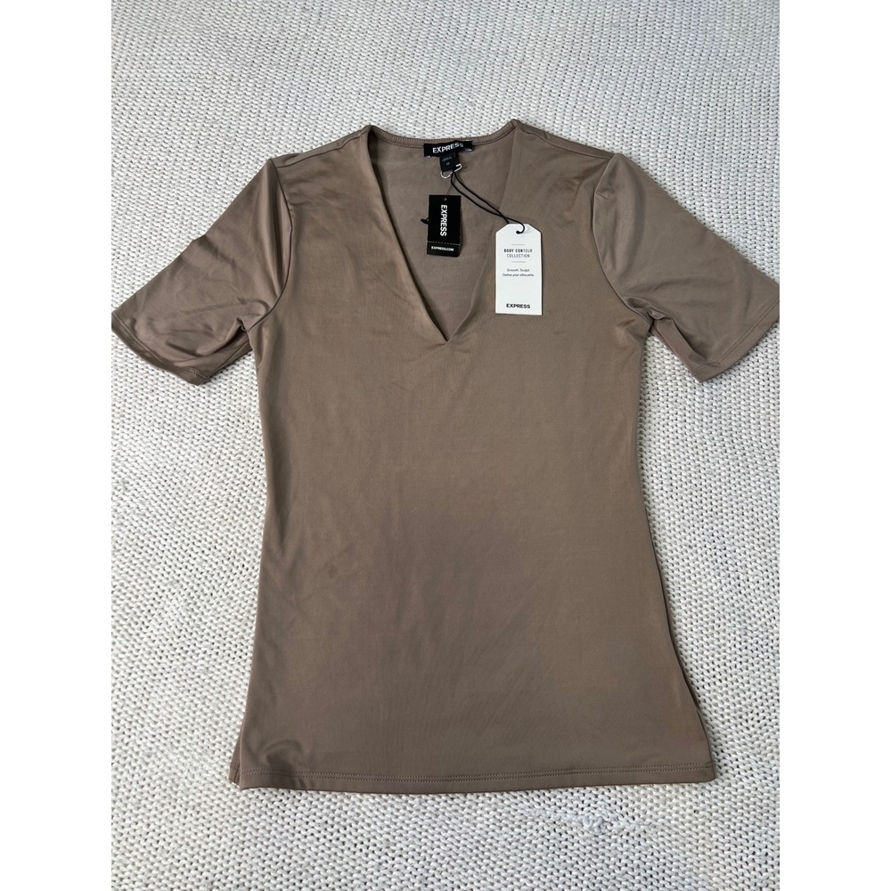 Express Body Contour V-Neck Short Sleeve Top Taupe Brown XS NWT